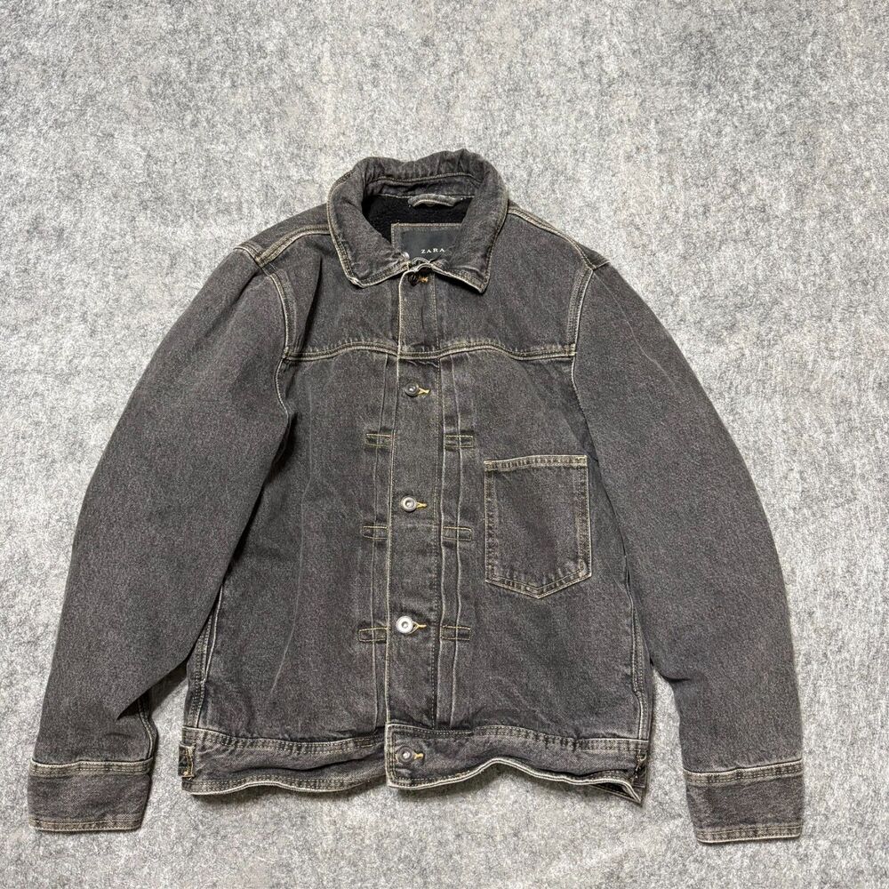 Zara Sherpa Lined Denim Jacket Mens Large Black Gray Asymmetrical Worker Coat